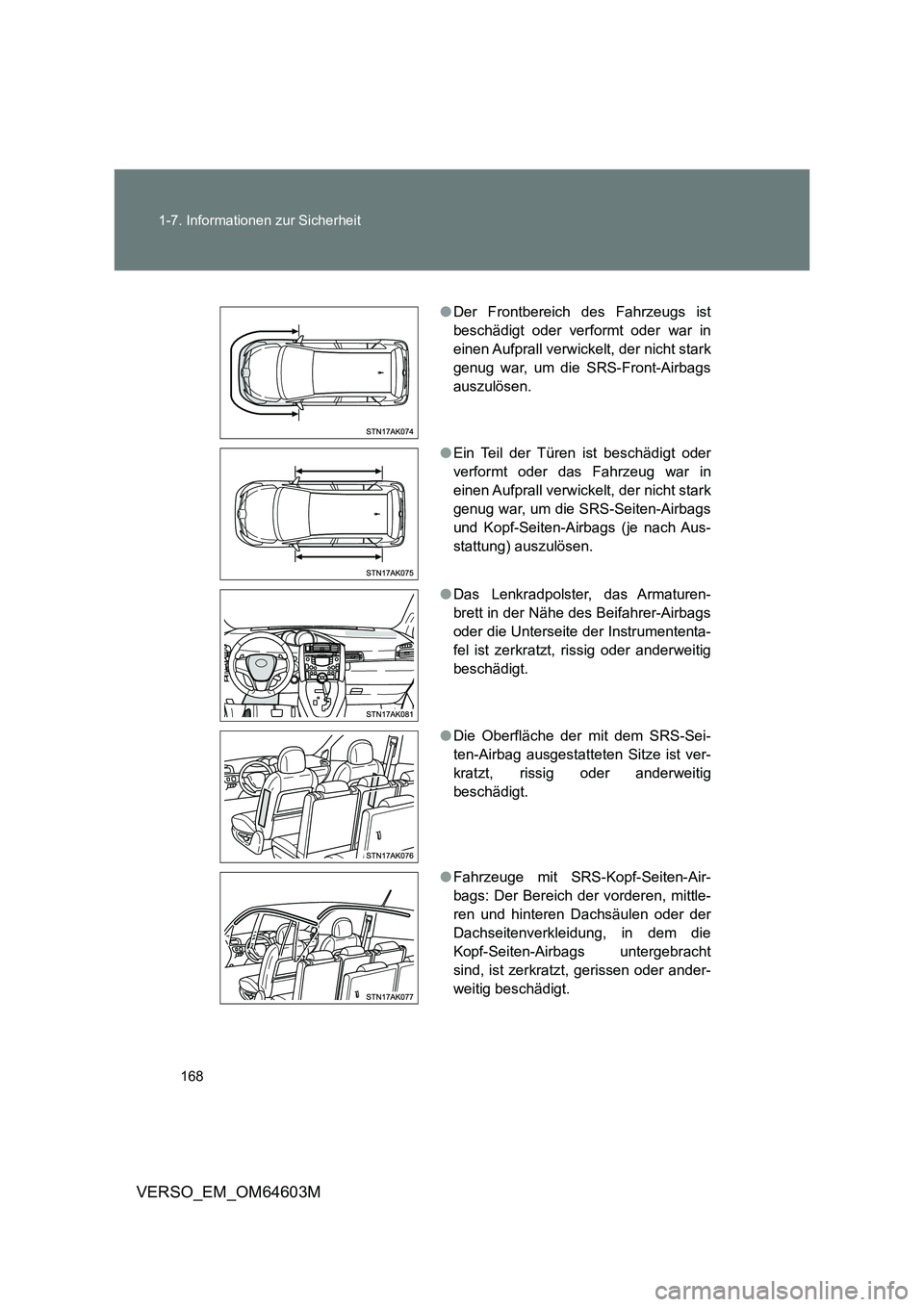 TOYOTA VERSO 2017 Betriebsanleitungen (in German) 168 1-7. Informationen zur Sicherheit
VERSO_EM_OM64603M
●Der Frontbereich des Fahrzeugs ist
beschädigt oder verformt oder war in
einen Aufprall verwickelt, der nicht stark
genug war, um die SRS-Fro TOYOTA VERSO 2017 Betriebsanleitungen (in German) 168 1-7. Informationen zur Sicherheit
VERSO_EM_OM64603M
●Der Frontbereich des Fahrzeugs ist
beschädigt oder verformt oder war in
einen Aufprall verwickelt, der nicht stark
genug war, um die SRS-Fro