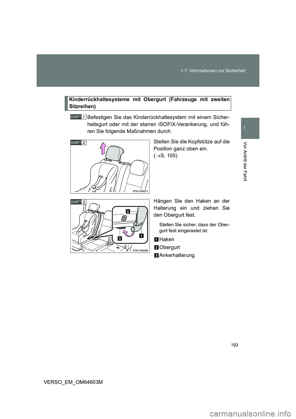 TOYOTA VERSO 2017 Betriebsanleitungen (in German) 193 1-7. Informationen zur Sicherheit
1
Vor Antritt der Fahrt
VERSO_EM_OM64603M
Kinderrückhaltesysteme mit Obergurt (Fahrzeuge mit zweiten
Sitzreihen)
Befestigen Sie das Kinderrückhaltesystem mit ei TOYOTA VERSO 2017 Betriebsanleitungen (in German) 193 1-7. Informationen zur Sicherheit
1
Vor Antritt der Fahrt
VERSO_EM_OM64603M
Kinderrückhaltesysteme mit Obergurt (Fahrzeuge mit zweiten
Sitzreihen)
Befestigen Sie das Kinderrückhaltesystem mit ei