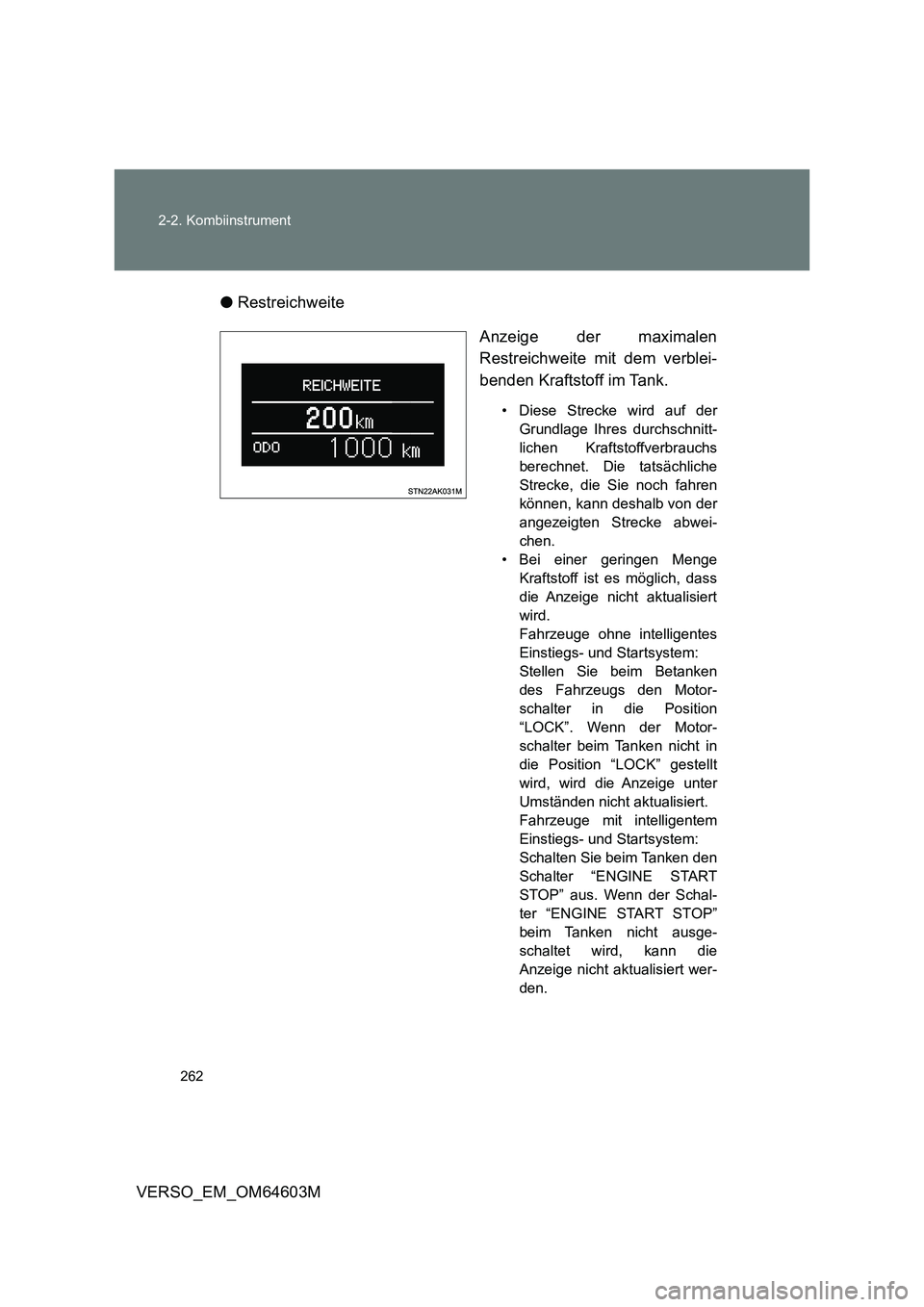 TOYOTA VERSO 2017  Betriebsanleitungen (in German) 262 2-2. Kombiinstrument
VERSO_EM_OM64603M●Restreichweite
Anzeige der maximalen
Restreichweite mit dem verblei-
benden Kraftstoff im Tank. 
• Diese Strecke wird auf der
Grundlage Ihres durchschnit