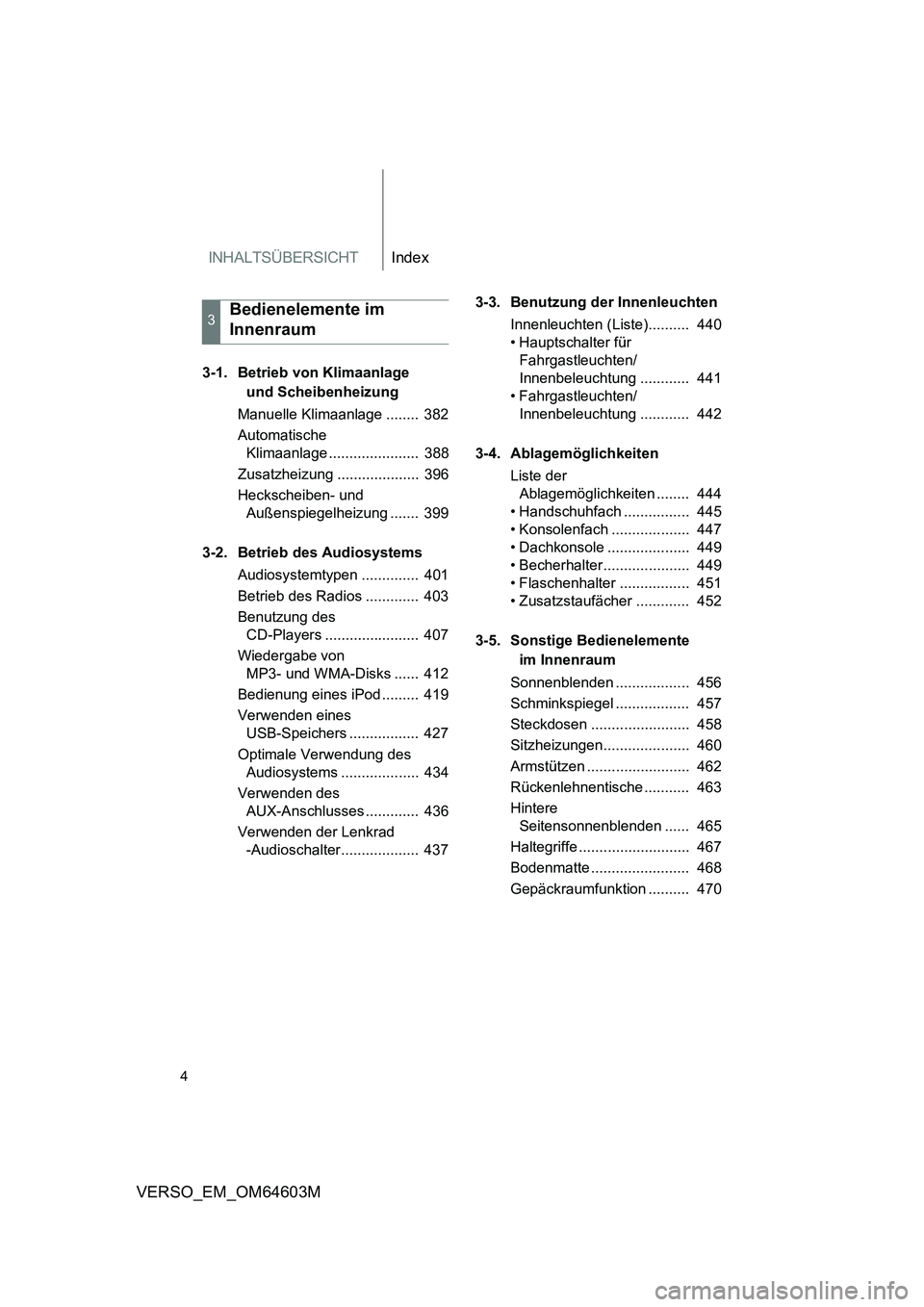TOYOTA VERSO 2017 Brugsanvisning (in Danish) INHALTSÜBERSICHTIndex
4
VERSO_EM_OM64603M
3-1. Betrieb von Klimaanlage
und Scheibenheizung
Manuelle Klimaanlage ........ 382
Automatische
Klimaanlage ...................... 388
Zusatzheizung .... TOYOTA VERSO 2017 Brugsanvisning (in Danish) INHALTSÜBERSICHTIndex
4
VERSO_EM_OM64603M
3-1. Betrieb von Klimaanlage
und Scheibenheizung
Manuelle Klimaanlage ........ 382
Automatische
Klimaanlage ...................... 388
Zusatzheizung ....