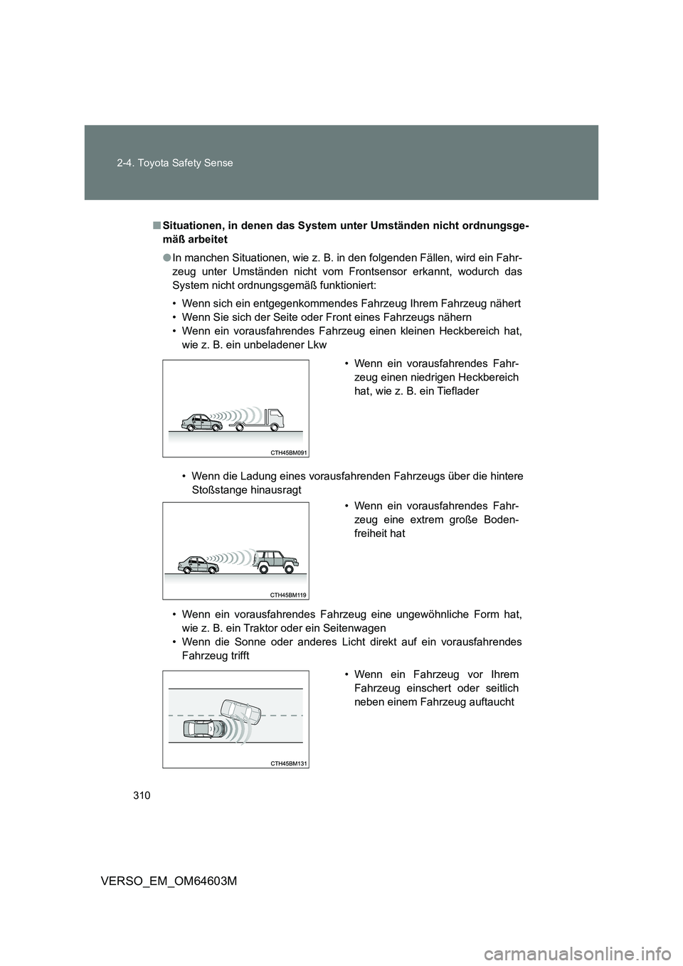 TOYOTA VERSO 2017  Betriebsanleitungen (in German) 310 
2-4. Toyota Safety Sense
VERSO_EM_OM64603M
■ Situationen, in denen das System unter Umständen nicht ordnungsge- 
mäß arbeitet 
● In manchen Situationen, wie z. B. in den folgenden Fällen,