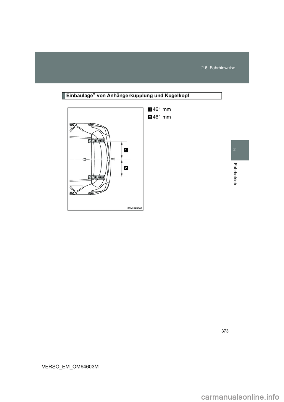 TOYOTA VERSO 2017  Betriebsanleitungen (in German) 373 2-6. Fahrhinweise
2
Fahrbetrieb
VERSO_EM_OM64603M
Einbaulage* von Anhängerkupplung und Kugelkopf
461 mm
461 mm 