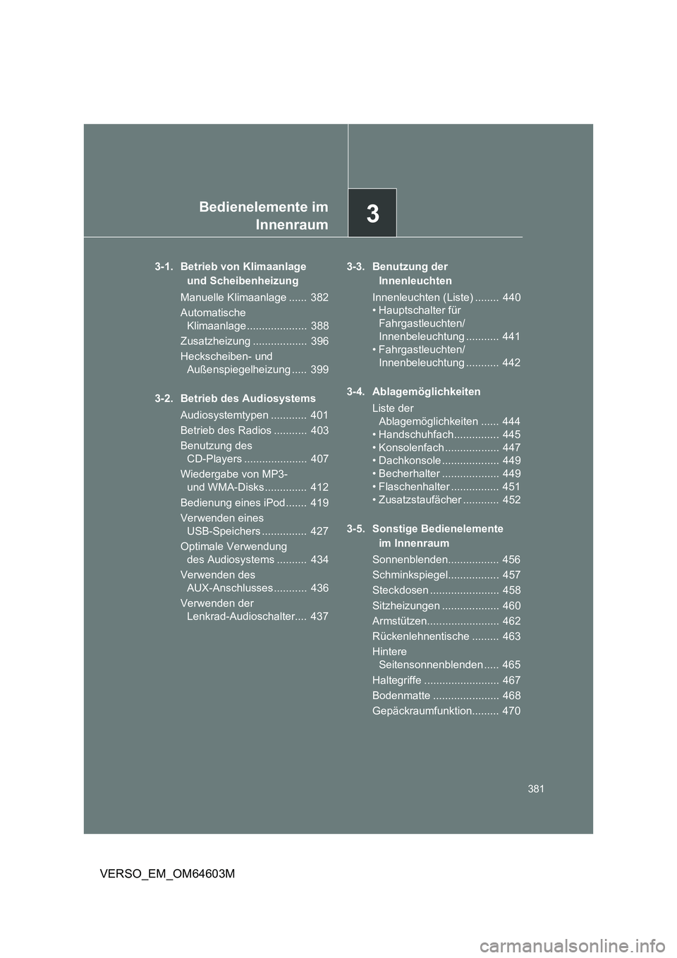 TOYOTA VERSO 2017 Brugsanvisning (in Danish) 3Bedienelemente im
Innenraum
381
VERSO_EM_OM64603M
3-1. Betrieb von Klimaanlage
und Scheibenheizung
Manuelle Klimaanlage ...... 382
Automatische
Klimaanlage .................... 388
Zusatzheizung TOYOTA VERSO 2017 Brugsanvisning (in Danish) 3Bedienelemente im
Innenraum
381
VERSO_EM_OM64603M
3-1. Betrieb von Klimaanlage
und Scheibenheizung
Manuelle Klimaanlage ...... 382
Automatische
Klimaanlage .................... 388
Zusatzheizung