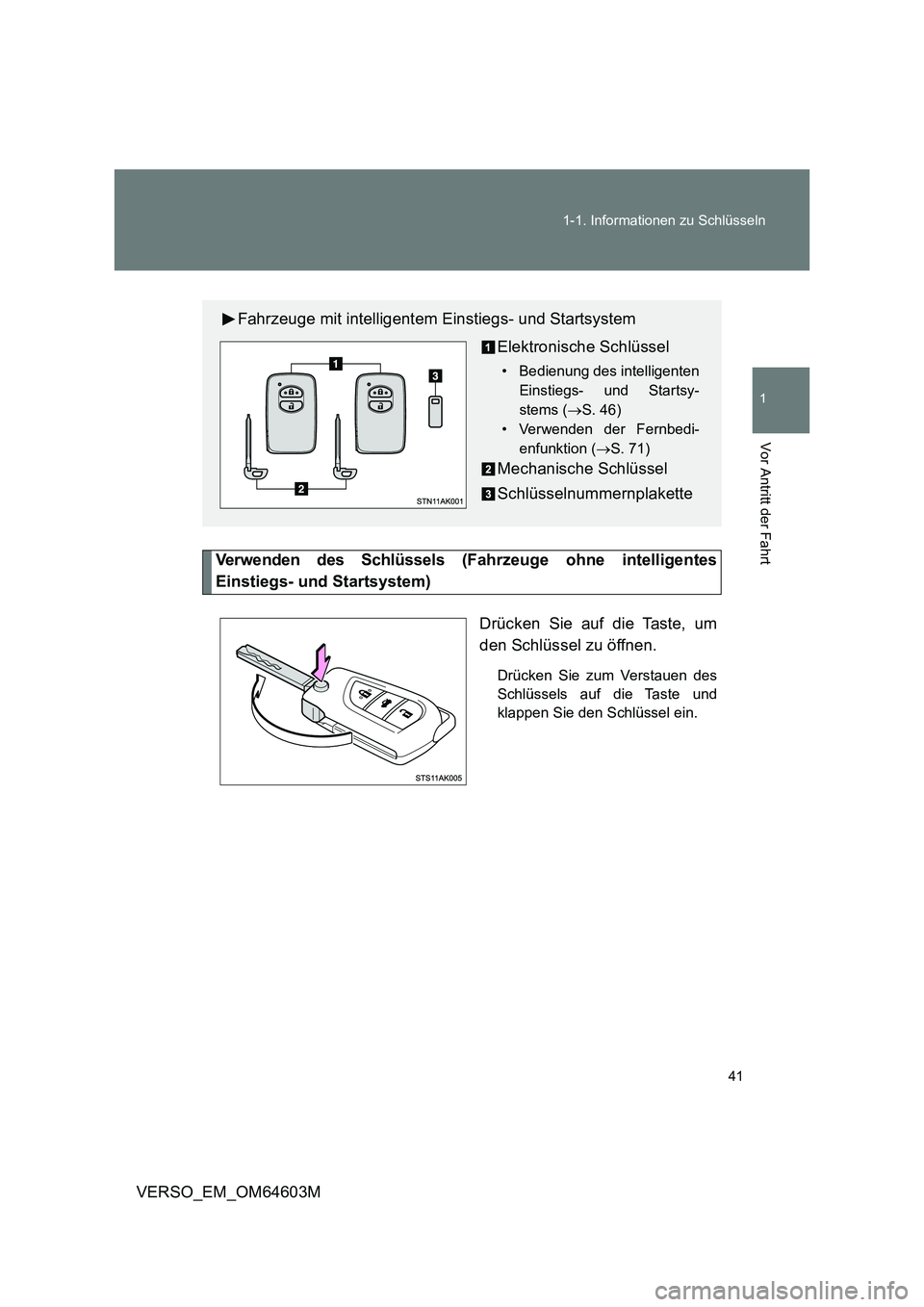 TOYOTA VERSO 2017 Betriebsanleitungen (in German) 41
1-1. Informationen zu Schlüsseln
1
Vor Antritt der Fahrt
VERSO_EM_OM64603M
Verwenden des Schlüssels (Fahrzeuge ohne intelligentes
Einstiegs- und Startsystem)
Drücken Sie auf die Taste, um
de TOYOTA VERSO 2017 Betriebsanleitungen (in German) 41
1-1. Informationen zu Schlüsseln
1
Vor Antritt der Fahrt
VERSO_EM_OM64603M
Verwenden des Schlüssels (Fahrzeuge ohne intelligentes
Einstiegs- und Startsystem)
Drücken Sie auf die Taste, um
de