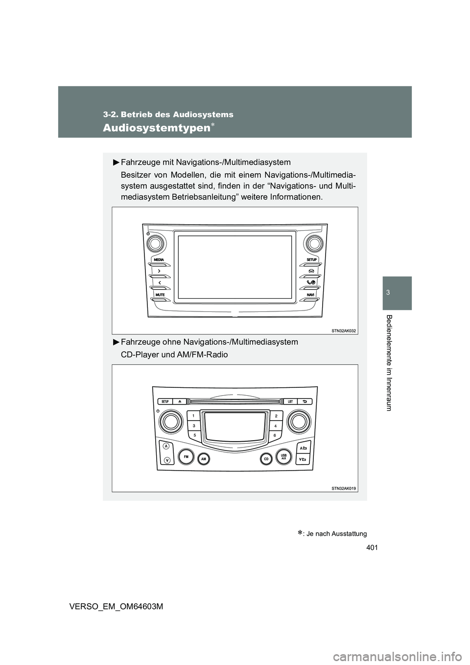 TOYOTA VERSO 2017  Betriebsanleitungen (in German) 401
3
Bedienelemente im Innenraum
VERSO_EM_OM64603M
3-2. Betrieb des Audiosystems
Audiosystemtypen
: Je nach Ausstattung
Fahrzeuge mit Navigations-/Multimediasystem 
Besitzer von Modellen, die m