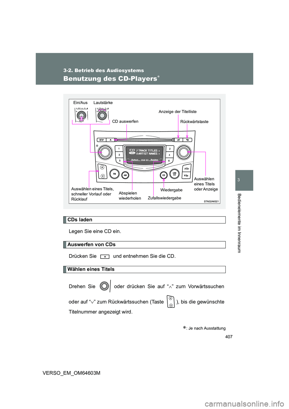 TOYOTA VERSO 2017  Betriebsanleitungen (in German) 407
3-2. Betrieb des Audiosystems
3
Bedienelemente im Innenraum
VERSO_EM_OM64603M
Benutzung des CD-Players
CDs laden 
Legen Sie eine CD ein.
Auswerfen von CDs 
Drücken Sie   und entnehmen Sie die 