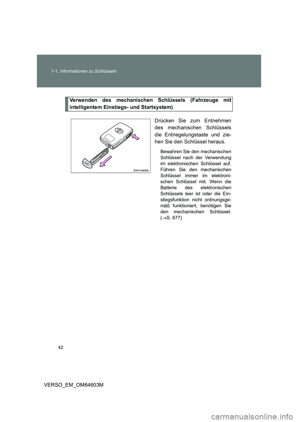 TOYOTA VERSO 2017 Betriebsanleitungen (in German) 42 1-1. Informationen zu Schlüsseln
VERSO_EM_OM64603M
Verwenden des mechanischen Schlüssels (Fahrzeuge mit
intelligentem Einstiegs- und Startsystem)
Drücken Sie zum Entnehmen
des mechanischen Schl TOYOTA VERSO 2017 Betriebsanleitungen (in German) 42 1-1. Informationen zu Schlüsseln
VERSO_EM_OM64603M
Verwenden des mechanischen Schlüssels (Fahrzeuge mit
intelligentem Einstiegs- und Startsystem)
Drücken Sie zum Entnehmen
des mechanischen Schl