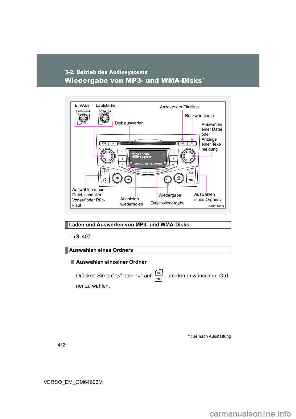 TOYOTA VERSO 2017  Betriebsanleitungen (in German) 412
3-2. Betrieb des Audiosystems
VERSO_EM_OM64603M
Wiedergabe von MP3- und WMA-Disks
Laden und Auswerfen von MP3- und WMA-Disks 
 S. 407
Auswählen eines Ordners 
■ Auswählen einzelner Ordne