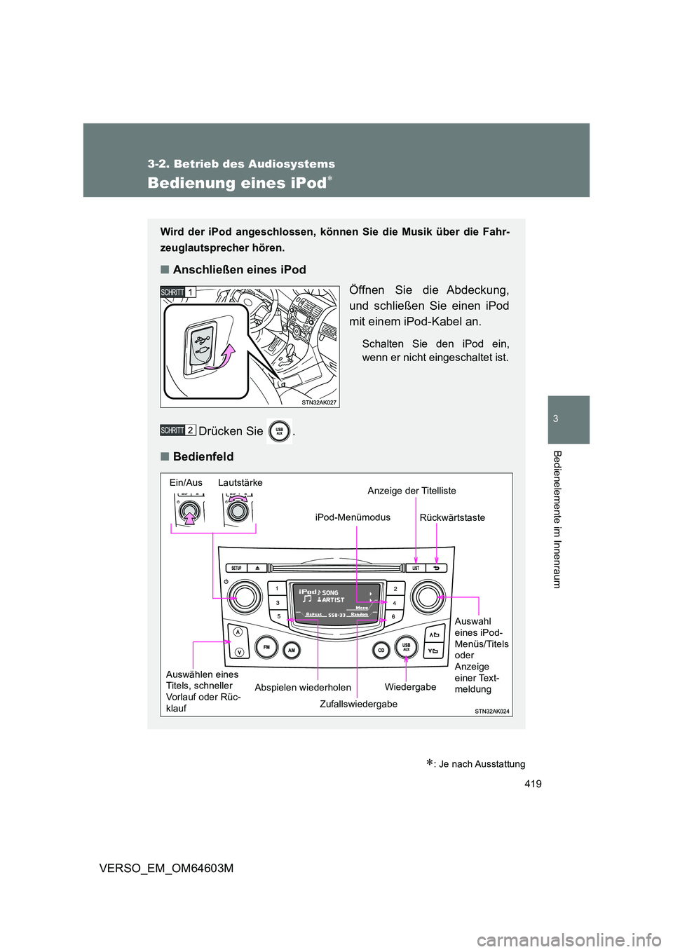 TOYOTA VERSO 2017  Betriebsanleitungen (in German) 419
3-2. Betrieb des Audiosystems
3
Bedienelemente im Innenraum
VERSO_EM_OM64603M
Bedienung eines iPod
: Je nach Ausstattung
Wird der iPod angeschlossen, können Sie die Musik über die Fahr- 
z