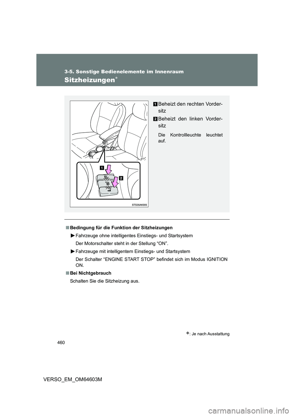TOYOTA VERSO 2017  Betriebsanleitungen (in German) 460
3-5. Sonstige Bedienelemente im Innenraum
VERSO_EM_OM64603M
Sitzheizungen
: Je nach Ausstattung
■Bedingung für die Funktion der Sitzheizungen
Fahrzeuge ohne intelligentes Einstiegs- und S