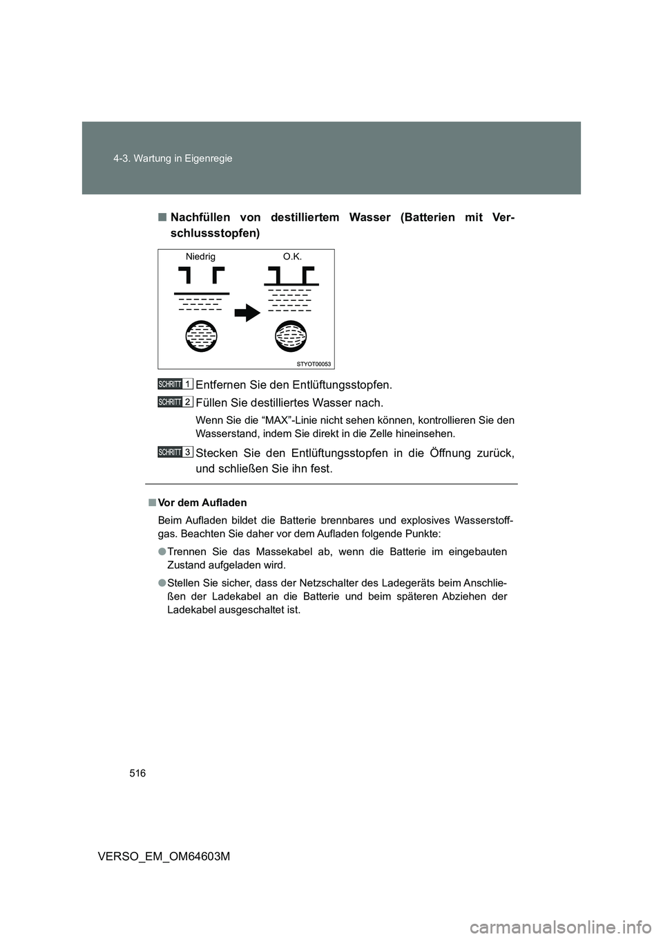 TOYOTA VERSO 2017 Betriebsanleitungen (in German) 516 4-3. Wartung in Eigenregie
VERSO_EM_OM64603M■Nachfüllen von destilliertem Wasser (Batterien mit Ver-
schlussstopfen)
Entfernen Sie den Entlüftungsstopfen.
Füllen Sie destilliertes Wasser nach TOYOTA VERSO 2017 Betriebsanleitungen (in German) 516 4-3. Wartung in Eigenregie
VERSO_EM_OM64603M■Nachfüllen von destilliertem Wasser (Batterien mit Ver-
schlussstopfen)
Entfernen Sie den Entlüftungsstopfen.
Füllen Sie destilliertes Wasser nach