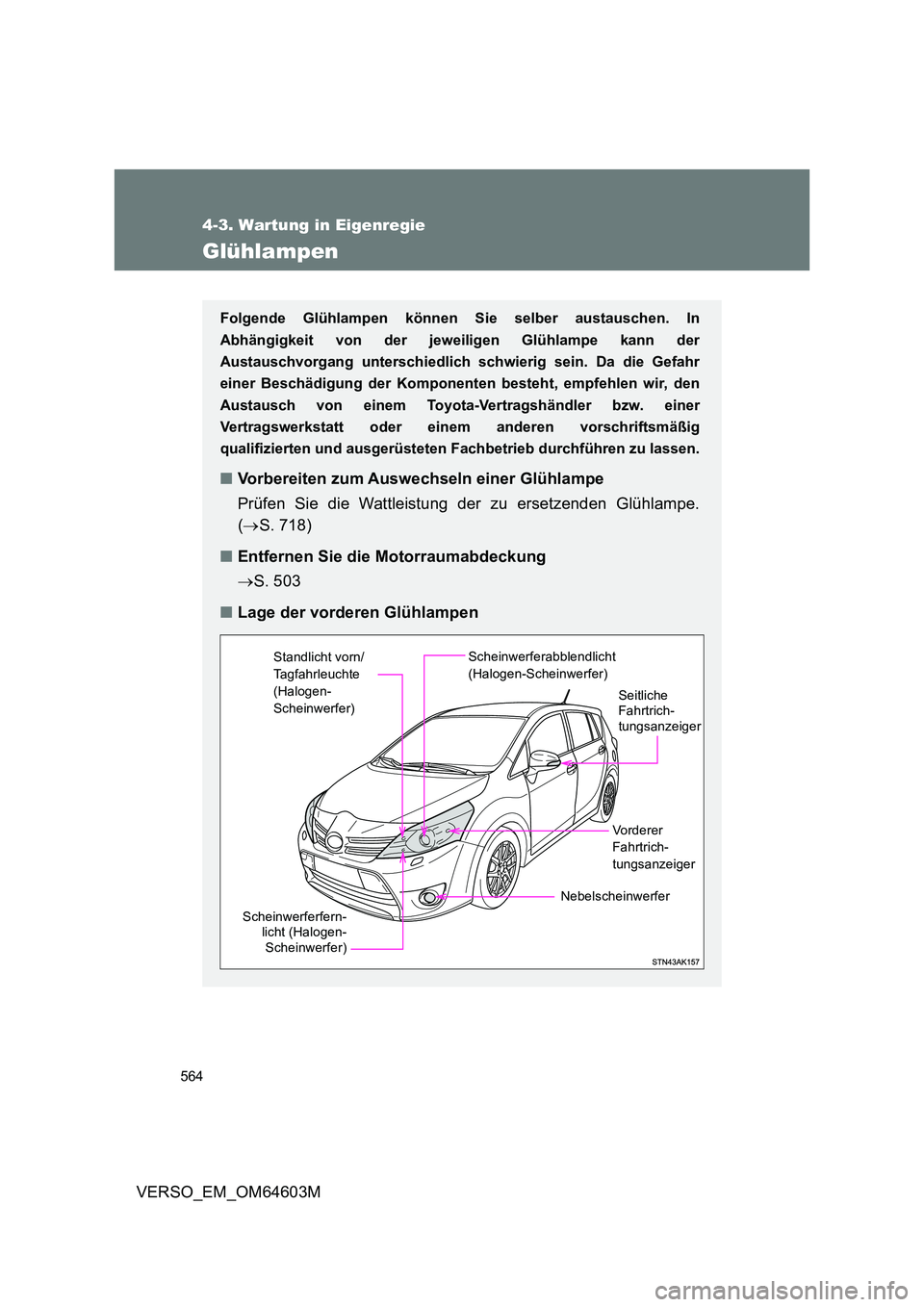 TOYOTA VERSO 2017  Betriebsanleitungen (in German) 564
4-3. Wartung in Eigenregie
VERSO_EM_OM64603M
Glühlampen
Folgende Glühlampen können Sie selber austauschen. In 
Abhängigkeit von der jeweiligen Glühlampe kann der
Austauschvorgang unterschiedl