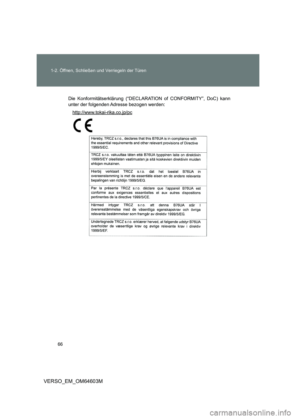 TOYOTA VERSO 2017  Betriebsanleitungen (in German) 66 
1-2. Öffnen, Schließen und Verriegeln der Türen
VERSO_EM_OM64603M
Die Konformitätserklärung (“DECLARATION of CONFORMITY”, DoC) kann 
unter der folgenden Adresse bezogen werden:
http://www