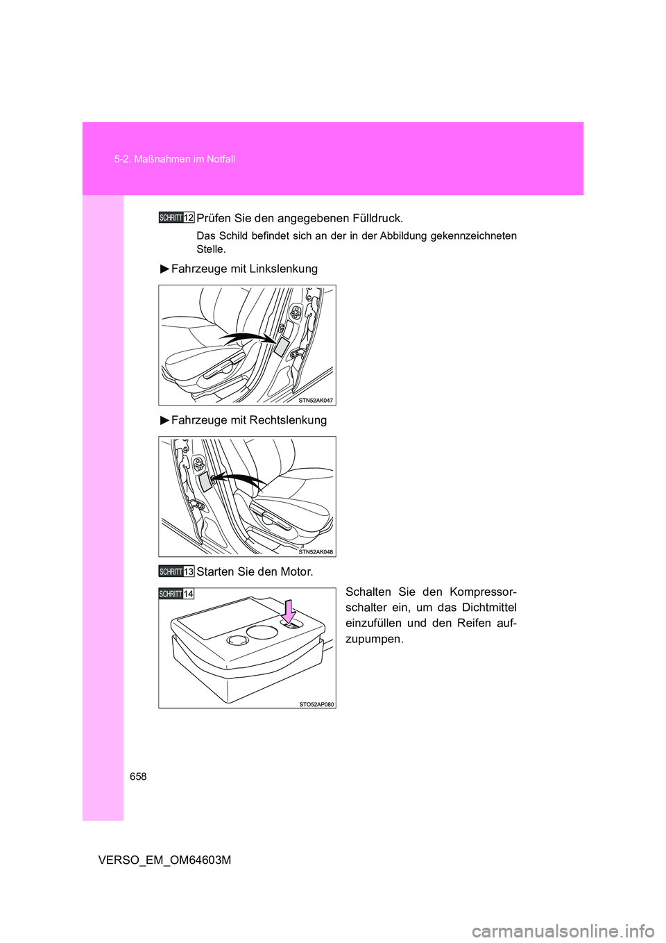 TOYOTA VERSO 2017  Betriebsanleitungen (in German) 658 
5-2. Maßnahmen im Notfall
VERSO_EM_OM64603M 
Prüfen Sie den angegebenen Fülldruck.
Das Schild befindet sich an der in der Abbildung gekennzeichneten 
Stelle.
Fahrzeuge mit Linkslenkung 
Fahrze
