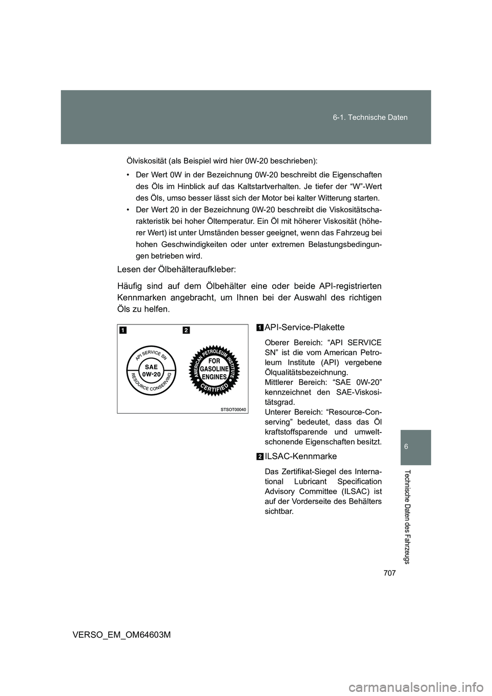 TOYOTA VERSO 2017 Betriebsanleitungen (in German) 707 6-1. Technische Daten
6
VERSO_EM_OM64603M
Technische Daten des Fahrzeugs
Ölviskosität (als Beispiel wird hier 0W-20 beschrieben):
• Der Wert 0W in der Bezeichnung 0W-20 beschreibt die Eigensch TOYOTA VERSO 2017 Betriebsanleitungen (in German) 707 6-1. Technische Daten
6
VERSO_EM_OM64603M
Technische Daten des Fahrzeugs
Ölviskosität (als Beispiel wird hier 0W-20 beschrieben):
• Der Wert 0W in der Bezeichnung 0W-20 beschreibt die Eigensch