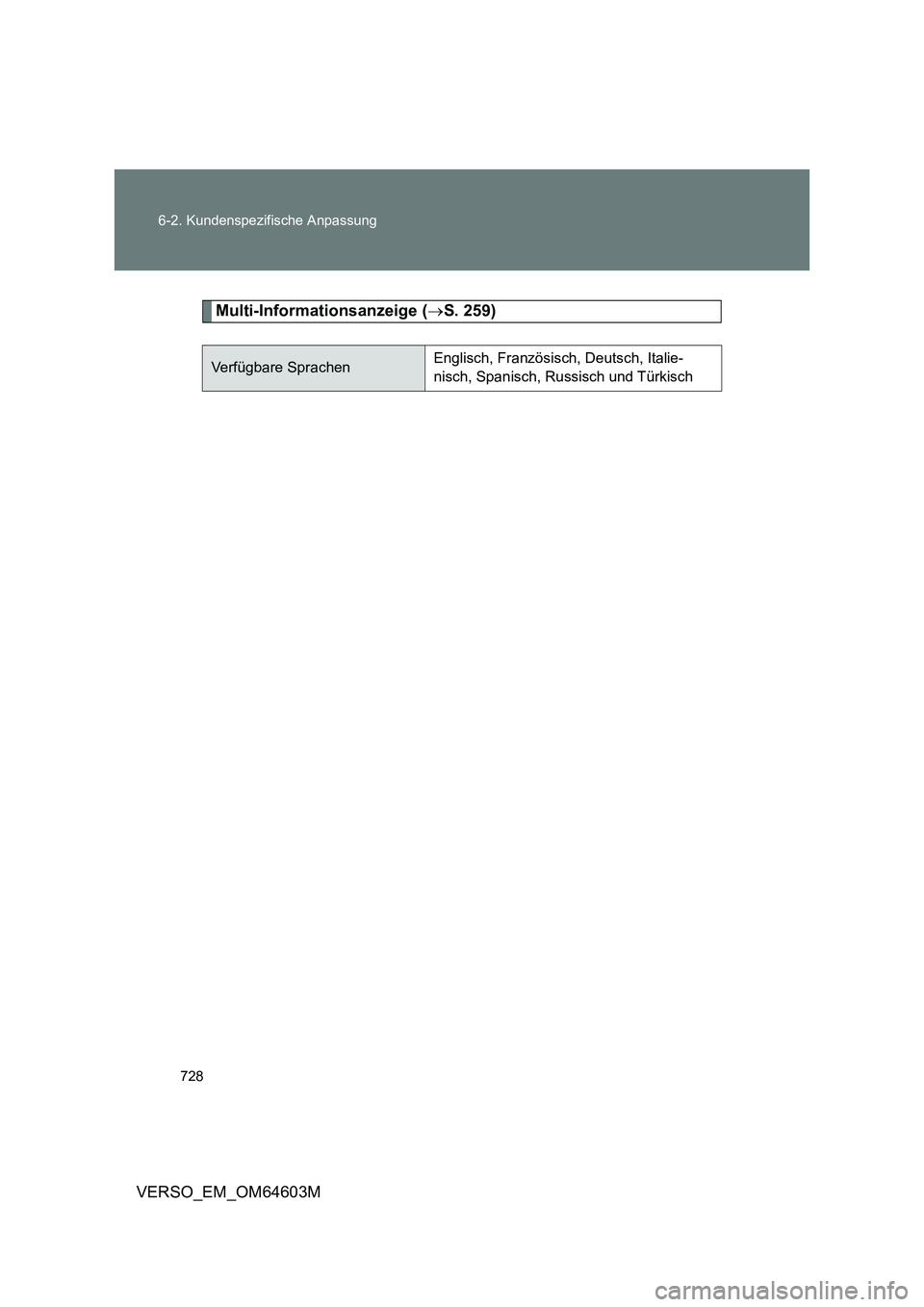 TOYOTA VERSO 2017  Betriebsanleitungen (in German) 728 6-2. Kundenspezifische Anpassung
VERSO_EM_OM64603M
Multi-Informationsanzeige (S. 259)
Verfügbare SprachenEnglisch, Französisch, Deutsch, Italie-
nisch, Spanisch, Russisch und Türkisch 