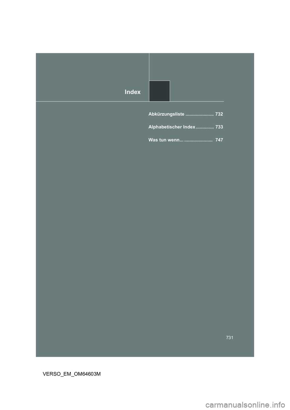 TOYOTA VERSO 2017  Betriebsanleitungen (in German) Index
731
VERSO_EM_OM64603M
Abkürzungsliste ......................  732
Alphabetischer Index ..............  733
Was tun wenn... ......................   747 