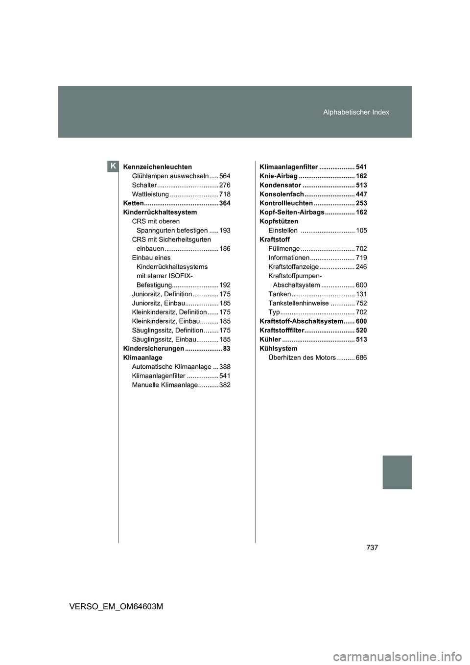 TOYOTA VERSO 2017  Betriebsanleitungen (in German) 737 Alphabetischer Index
VERSO_EM_OM64603M
Kennzeichenleuchten
Glühlampen auswechseln ..... 564
Schalter ................................. 276
Wattleistung .......................... 718
Ketten......