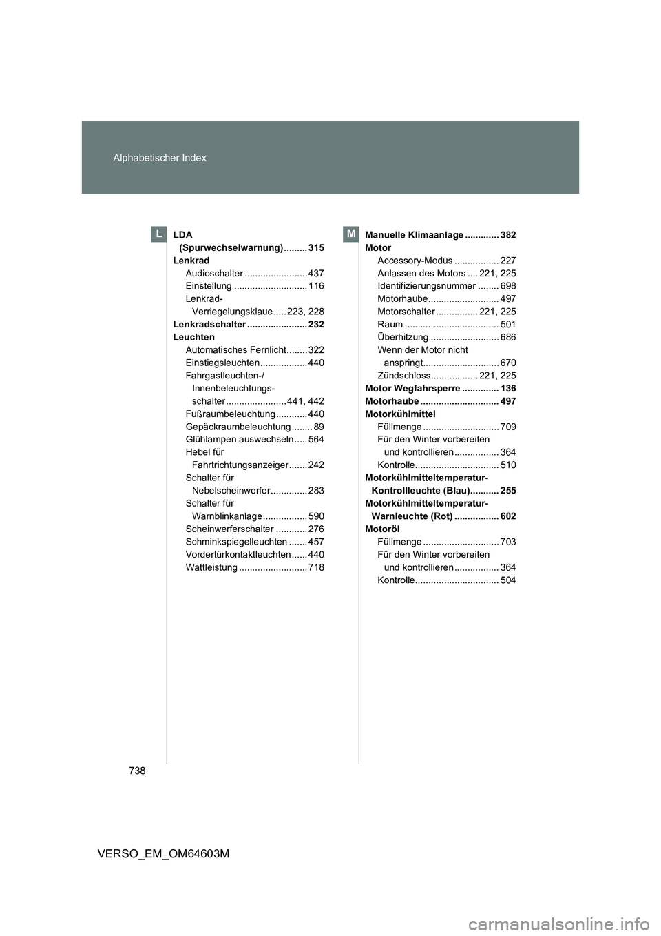 TOYOTA VERSO 2017  Betriebsanleitungen (in German) 738 Alphabetischer Index
VERSO_EM_OM64603M
LDA 
(Spurwechselwarnung) ......... 315
Lenkrad
Audioschalter ........................ 437
Einstellung ............................ 116
Lenkrad-
Verriegelung