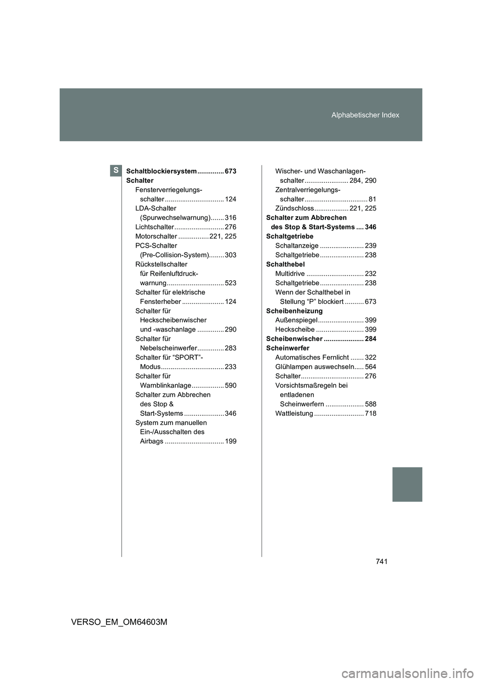 TOYOTA VERSO 2017  Betriebsanleitungen (in German) 741 Alphabetischer Index
VERSO_EM_OM64603M
Schaltblockiersystem .............. 673
Schalter
Fensterverriegelungs-
schalter ............................... 124
LDA-Schalter 
(Spurwechselwarnung) ......