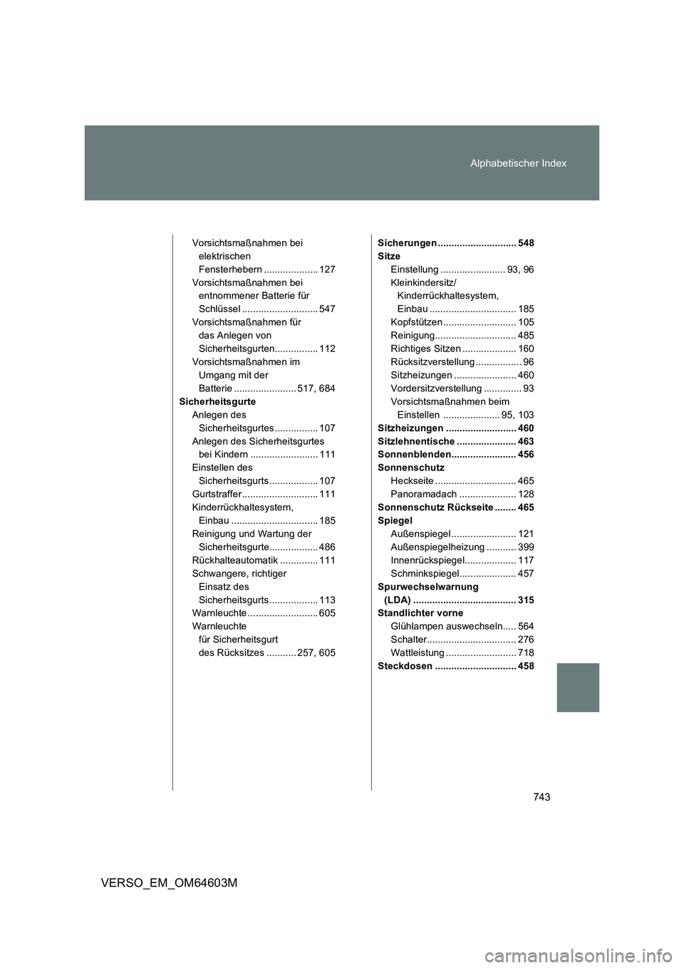 TOYOTA VERSO 2017  Betriebsanleitungen (in German) 743 Alphabetischer Index
VERSO_EM_OM64603M
Vorsichtsmaßnahmen bei 
elektrischen 
Fensterhebern .................... 127
Vorsichtsmaßnahmen bei 
entnommener Batterie für 
Schlüssel ................