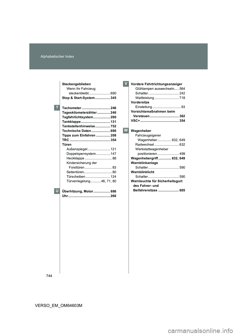 TOYOTA VERSO 2017  Betriebsanleitungen (in German) 744 Alphabetischer Index
VERSO_EM_OM64603M
Steckengeblieben
Wenn Ihr Fahrzeug 
steckenbleibt....................... 690
Stop & Start-System ................ 345
Tachometer ............................