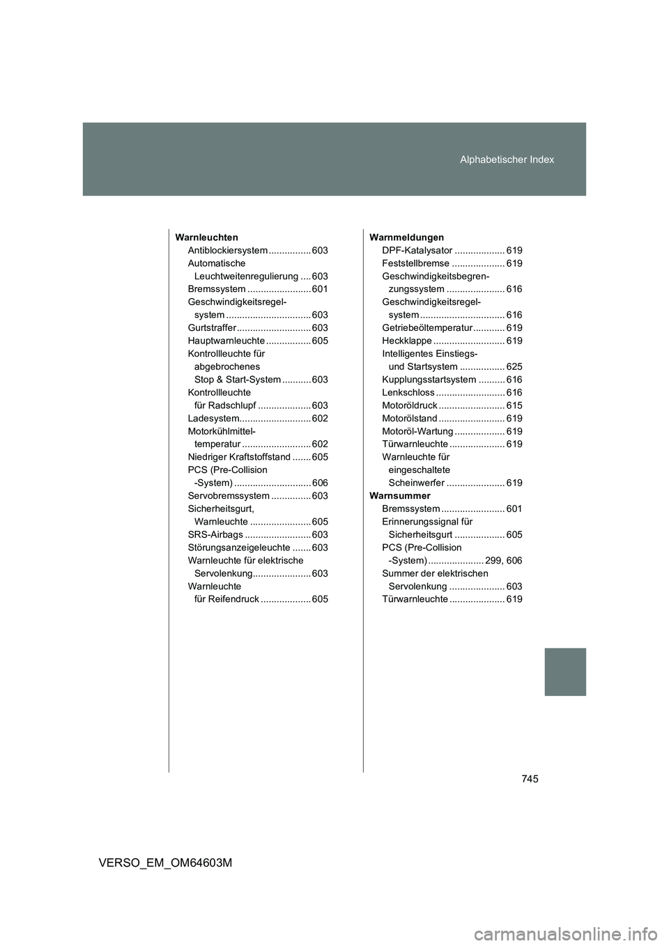 TOYOTA VERSO 2017  Betriebsanleitungen (in German) 745 Alphabetischer Index
VERSO_EM_OM64603M
Warnleuchten
Antiblockiersystem ................ 603
Automatische 
Leuchtweitenregulierung .... 603
Bremssystem ........................ 601
Geschwindigkeits