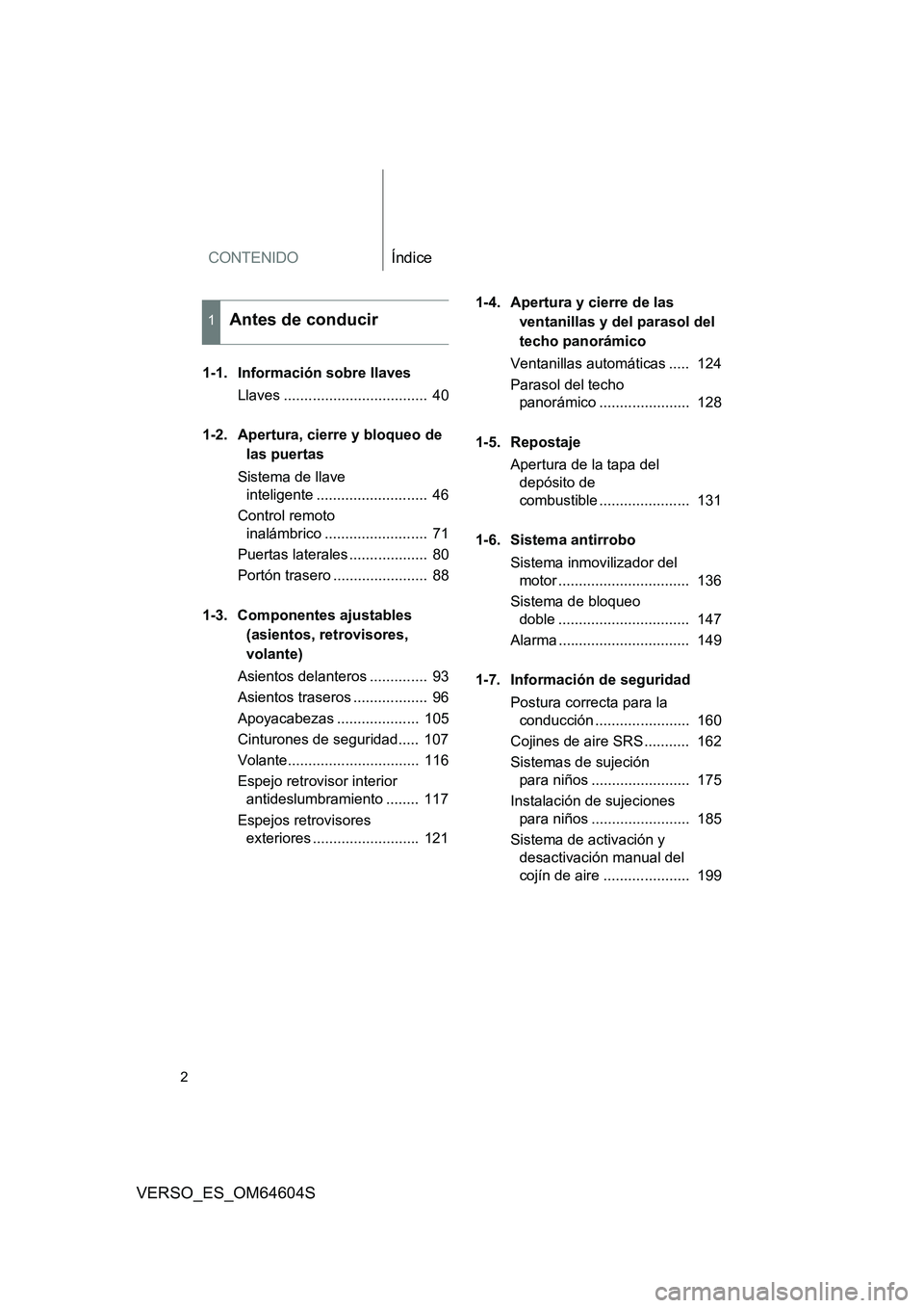 TOYOTA VERSO 2017  Manual del propietario (in Spanish) CONTENIDOÍndice
2
VERSO_ES_OM64604S
1-1. Información sobre llaves 
Llaves ...................................  40 
1-2. Apertura, cierre y bloqueo de  
las puertas 
Sistema de llave  
inteligente ..