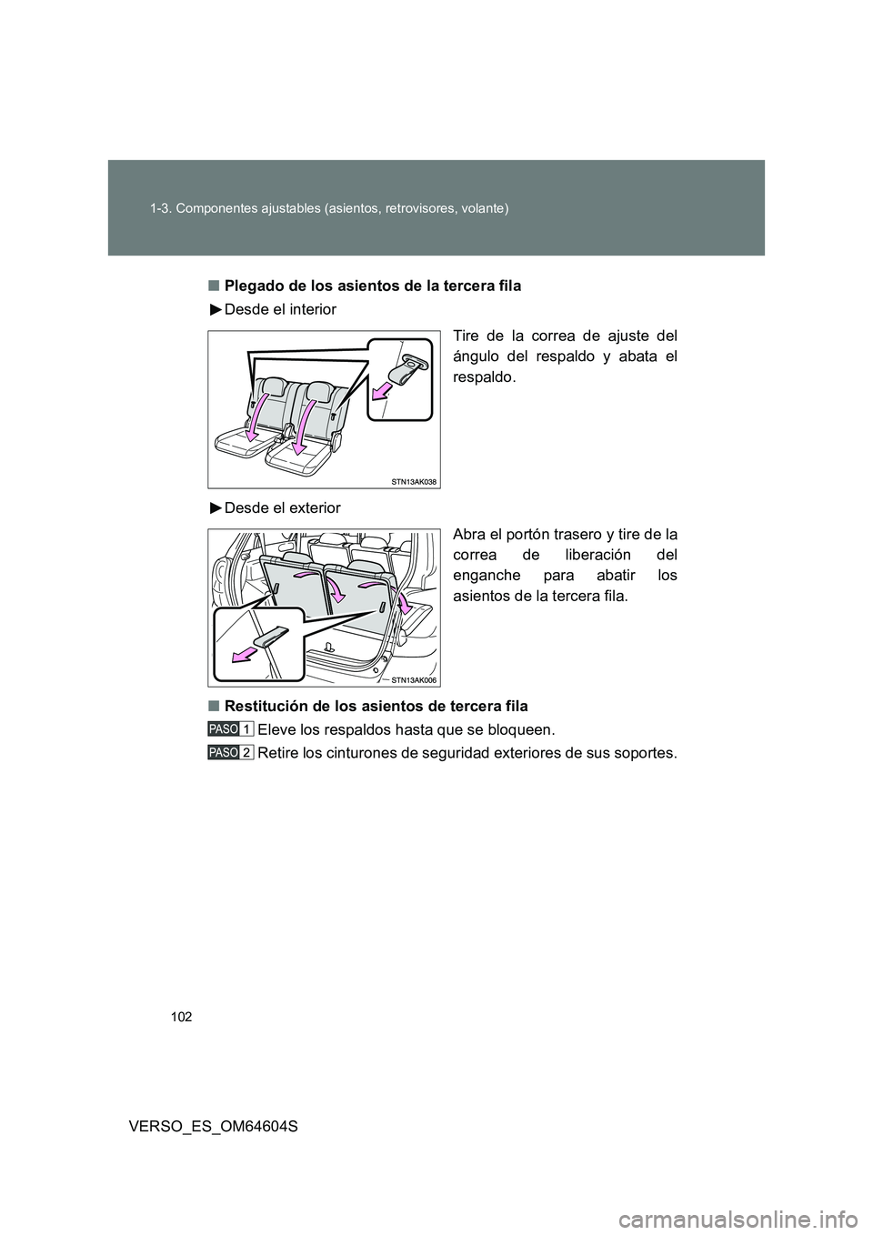 TOYOTA VERSO 2017 Manual del propietario (in Spanish) 102
1-3. Componentes ajustables (asientos, retrovisores, volante)
VERSO_ES_OM64604S
■ Plegado de los asientos de la tercera fila
Desde el interior
Tire de la correa de ajuste del
ángulo del re TOYOTA VERSO 2017 Manual del propietario (in Spanish) 102
1-3. Componentes ajustables (asientos, retrovisores, volante)
VERSO_ES_OM64604S
■ Plegado de los asientos de la tercera fila
Desde el interior
Tire de la correa de ajuste del
ángulo del re