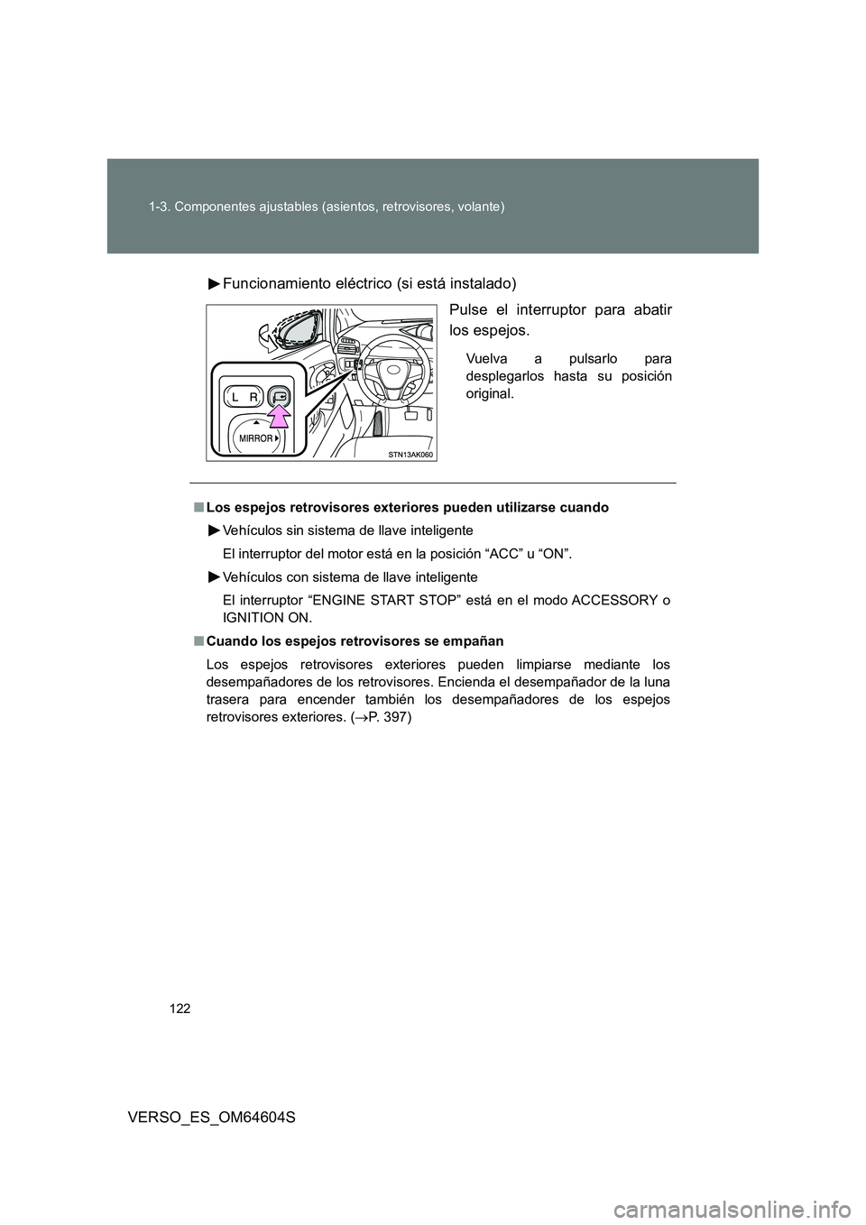 TOYOTA VERSO 2017 Manual del propietario (in Spanish) 122
1-3. Componentes ajustables (asientos, retrovisores, volante)
VERSO_ES_OM64604S
Funcionamiento eléctrico (si está instalado)
Pulse el interruptor para abatir
los espejos.
Vuelva a pulsarlo p TOYOTA VERSO 2017 Manual del propietario (in Spanish) 122
1-3. Componentes ajustables (asientos, retrovisores, volante)
VERSO_ES_OM64604S
Funcionamiento eléctrico (si está instalado)
Pulse el interruptor para abatir
los espejos.
Vuelva a pulsarlo p