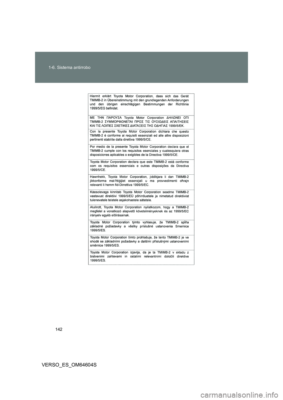 TOYOTA VERSO 2017  Manual del propietario (in Spanish) 142 
1-6. Sistema antirrobo
VERSO_ES_OM64604S 