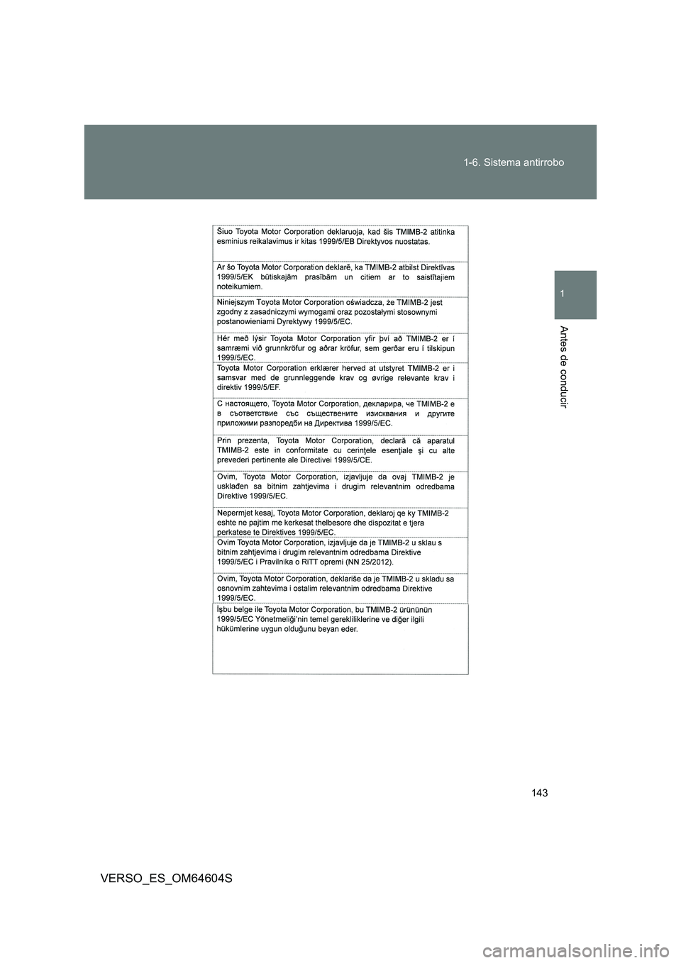 TOYOTA VERSO 2017  Manual del propietario (in Spanish) 143 
1-6. Sistema antirrobo
1
Antes de conducir
VERSO_ES_OM64604S 