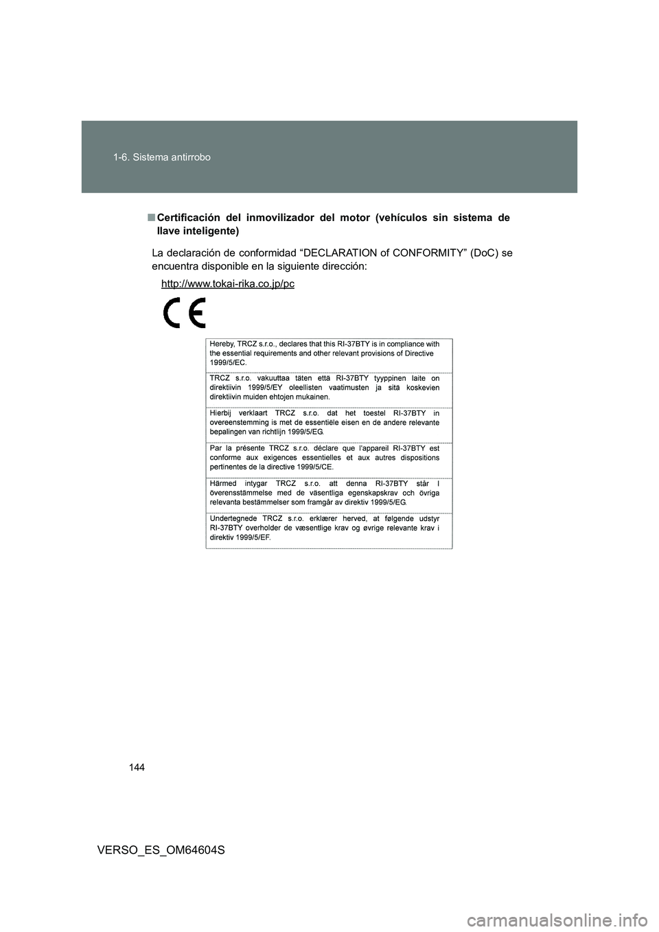 TOYOTA VERSO 2017  Manual del propietario (in Spanish) 144 
1-6. Sistema antirrobo
VERSO_ES_OM64604S
■ Certificación del inmovilizador del motor (vehículos sin sistema de 
llave inteligente)
La declaración de conformidad “DECLARATION of CONFORMITY