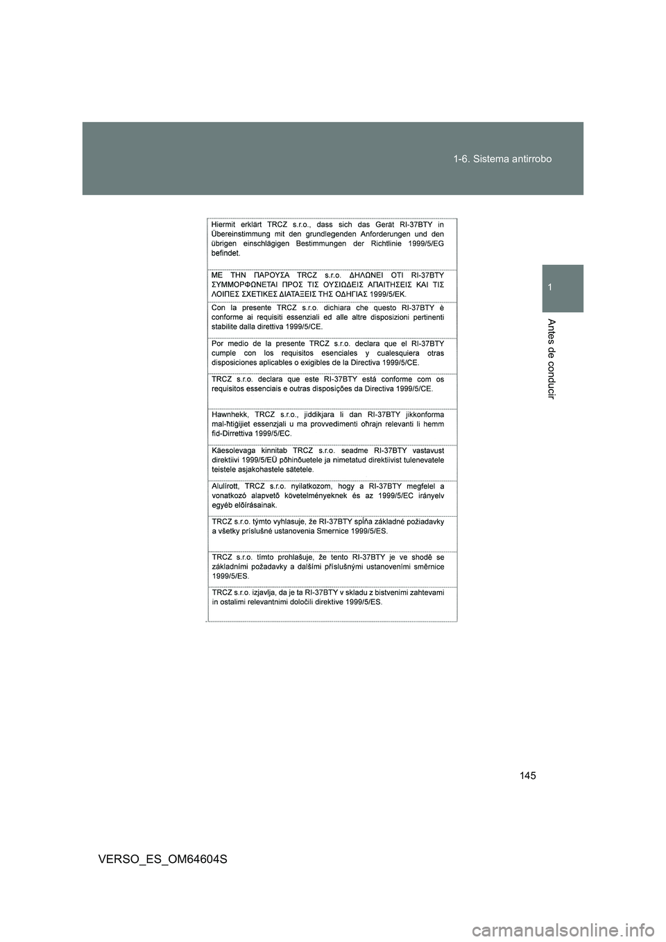 TOYOTA VERSO 2017  Manual del propietario (in Spanish) 145 
1-6. Sistema antirrobo
1
Antes de conducir
VERSO_ES_OM64604S 