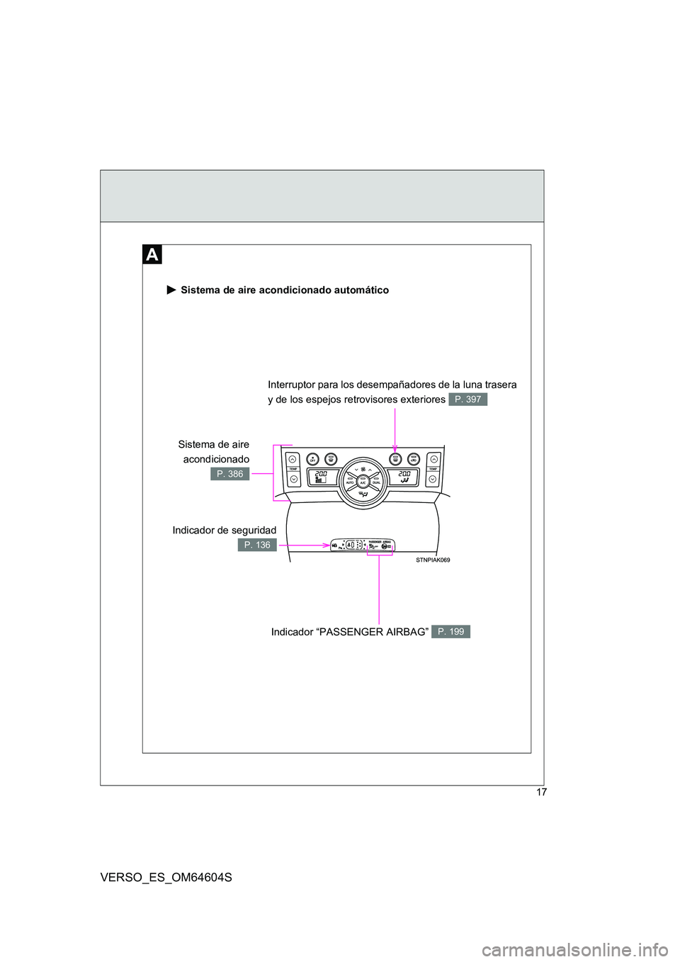 TOYOTA VERSO 2017  Manual del propietario (in Spanish) 17
VERSO_ES_OM64604S
 Sistema de aire acondicionado automático
Indicador de seguridad
P. 136
Interruptor para los desempañadores de la luna trasera  
y de los espejos retrovisores exteriores P. 397
