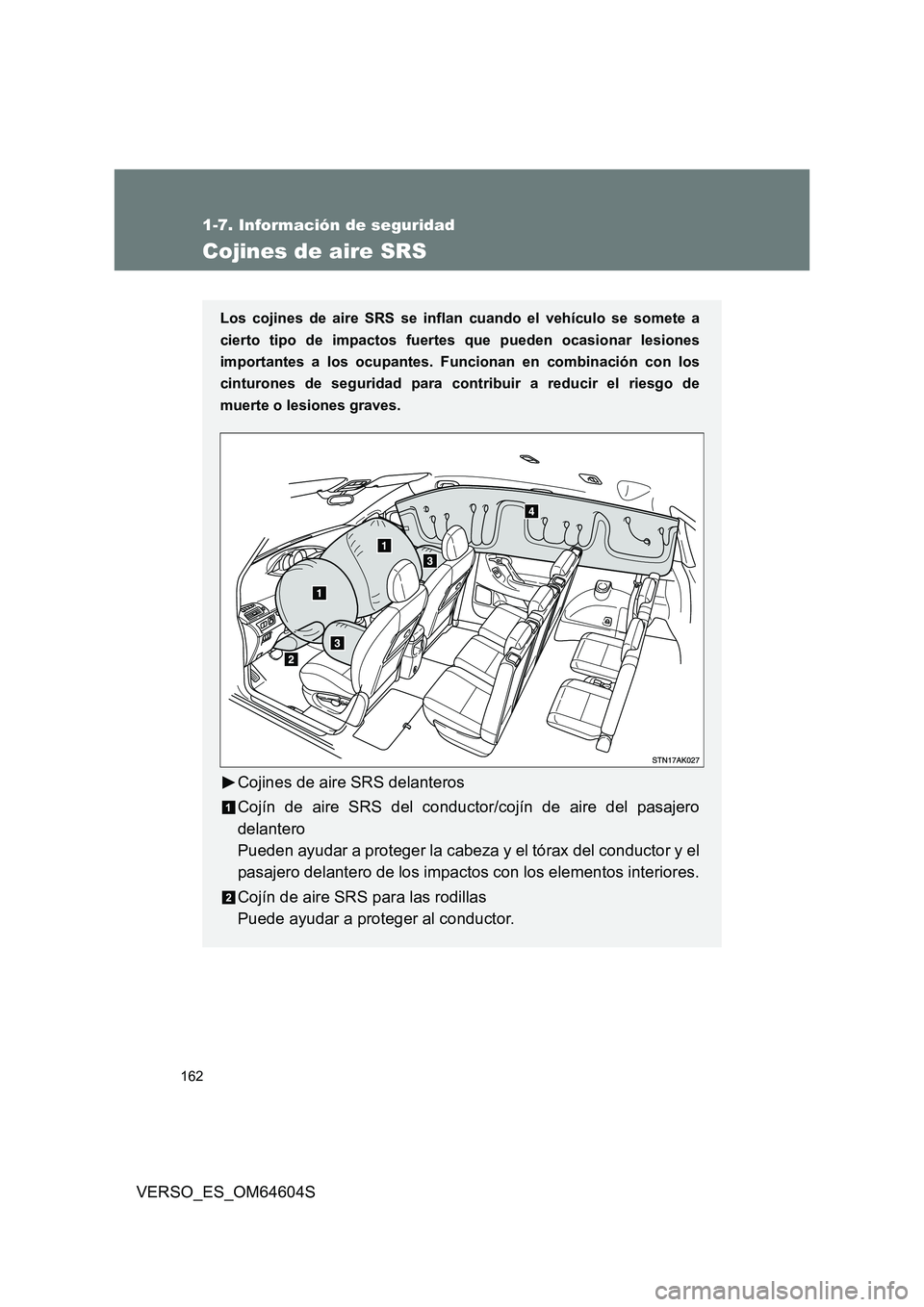 TOYOTA VERSO 2017 Manual del propietario (in Spanish) 162
1-7. Información de seguridad
VERSO_ES_OM64604S
Cojines de aire SRS
Los cojines de aire SRS se inflan cuando el vehículo se somete a
cierto tipo de impactos fuert es que pueden ocasionar lesion TOYOTA VERSO 2017 Manual del propietario (in Spanish) 162
1-7. Información de seguridad
VERSO_ES_OM64604S
Cojines de aire SRS
Los cojines de aire SRS se inflan cuando el vehículo se somete a
cierto tipo de impactos fuert es que pueden ocasionar lesion