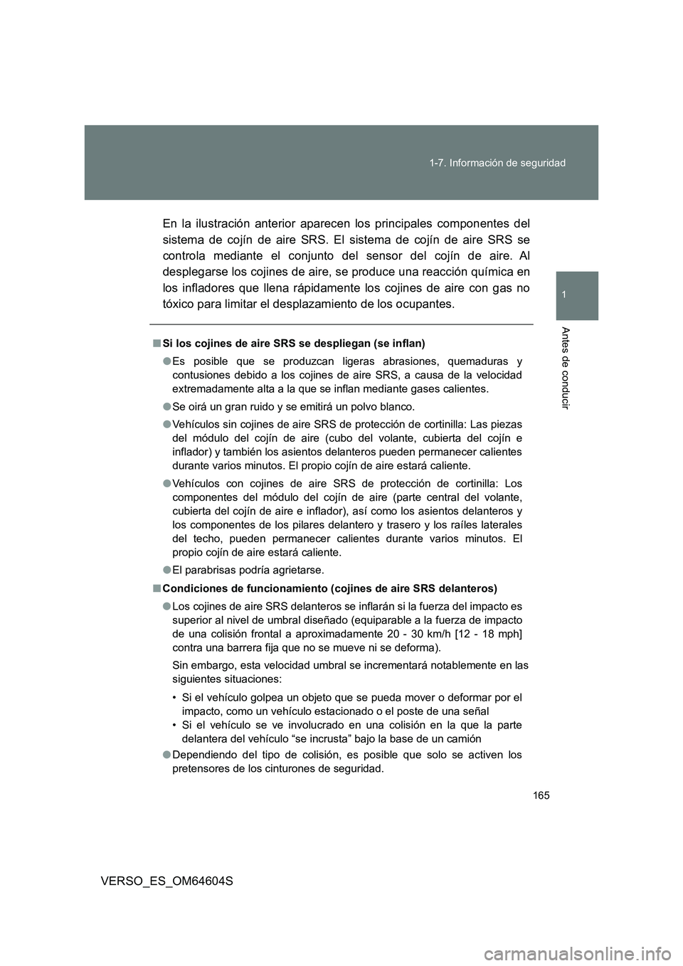 TOYOTA VERSO 2017 Manual del propietario (in Spanish) 165
1-7. Información de seguridad
1
Antes de conducir
VERSO_ES_OM64604S
En la ilustración anterior aparecen los principales componentes del
sistema de cojín de aire SRS. El sistema de cojín de TOYOTA VERSO 2017 Manual del propietario (in Spanish) 165
1-7. Información de seguridad
1
Antes de conducir
VERSO_ES_OM64604S
En la ilustración anterior aparecen los principales componentes del
sistema de cojín de aire SRS. El sistema de cojín de