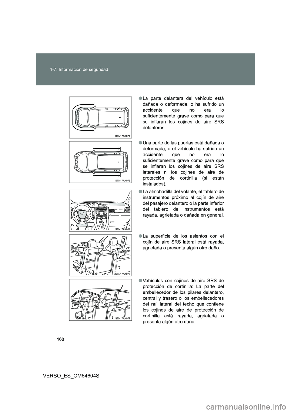 TOYOTA VERSO 2017 Manual del propietario (in Spanish) 168
1-7. Información de seguridad
VERSO_ES_OM64604S
● La parte delantera del vehículo está
dañada o deformada, o ha sufrido un
accidente que no era lo
suficientemente grave como para que
se in TOYOTA VERSO 2017 Manual del propietario (in Spanish) 168
1-7. Información de seguridad
VERSO_ES_OM64604S
● La parte delantera del vehículo está
dañada o deformada, o ha sufrido un
accidente que no era lo
suficientemente grave como para que
se in