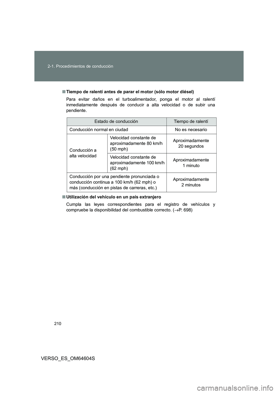TOYOTA VERSO 2017  Manual del propietario (in Spanish) 210 
2-1. Procedimientos de conducción
VERSO_ES_OM64604S
■ Tiempo de ralentí antes de parar el motor (sólo motor diésel) 
Para evitar daños en el turboalimentador, ponga el motor al ralentí 
i