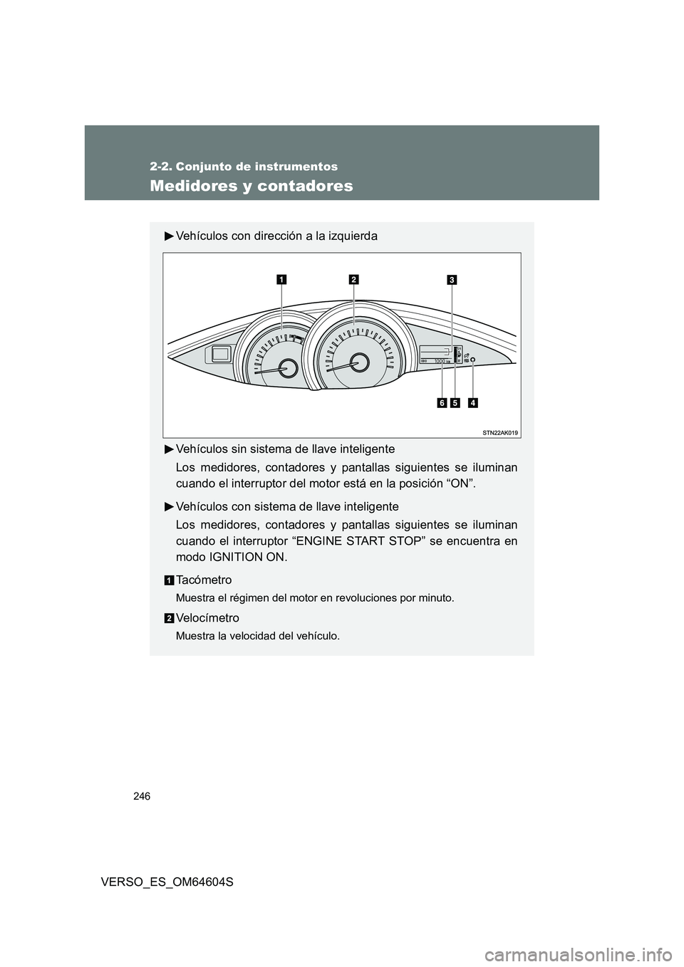 TOYOTA VERSO 2017  Manual del propietario (in Spanish) 246
VERSO_ES_OM64604S
2-2. Conjunto de instrumentos
Medidores y contadores
Vehículos con dirección a la izquierda 
Vehículos sin sistema de llave inteligente 
Los medidores, contadores y pantallas 