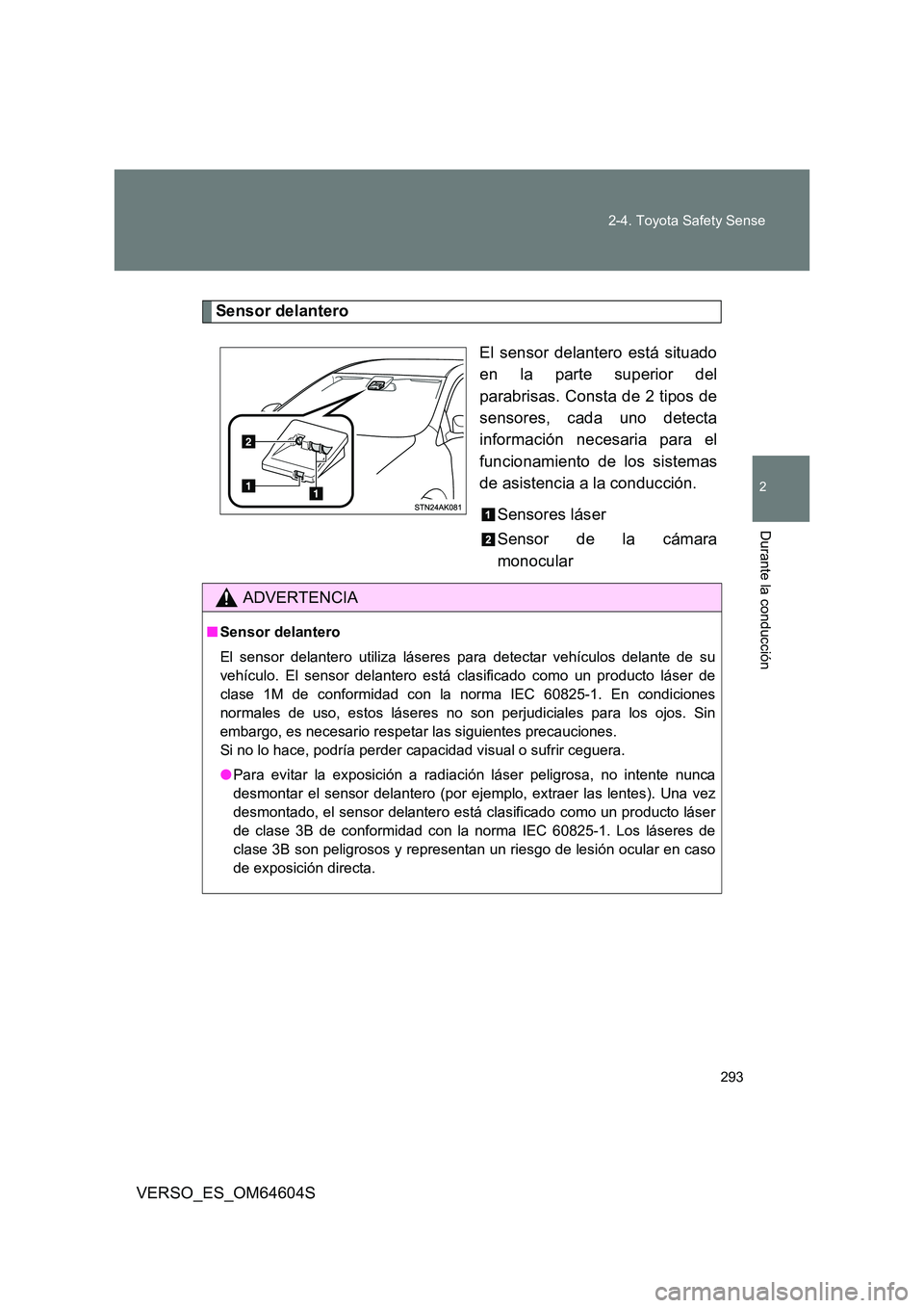 TOYOTA VERSO 2017 Manual del propietario (in Spanish) 293
2-4. Toyota Safety Sense
VERSO_ES_OM64604S
2
Durante la conducción
Sensor delantero
El sensor delantero está situado
en la parte superior del
parabrisas. Consta de 2 tipos de
sensores, cada TOYOTA VERSO 2017 Manual del propietario (in Spanish) 293
2-4. Toyota Safety Sense
VERSO_ES_OM64604S
2
Durante la conducción
Sensor delantero
El sensor delantero está situado
en la parte superior del
parabrisas. Consta de 2 tipos de
sensores, cada