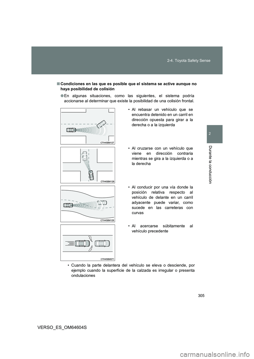 TOYOTA VERSO 2017 Manual del propietario (in Spanish) 305
2-4. Toyota Safety Sense
VERSO_ES_OM64604S
2
Durante la conducción
■ Condiciones en las que es posible que el sistema se active aunque no
haya posibilidad de colisión
● En algunas situaci TOYOTA VERSO 2017 Manual del propietario (in Spanish) 305
2-4. Toyota Safety Sense
VERSO_ES_OM64604S
2
Durante la conducción
■ Condiciones en las que es posible que el sistema se active aunque no
haya posibilidad de colisión
● En algunas situaci