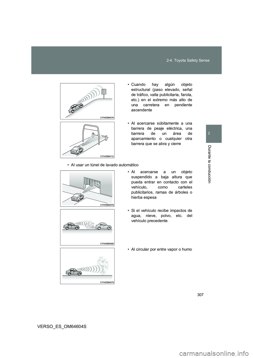 TOYOTA VERSO 2017 Manual del propietario (in Spanish) 307
2-4. Toyota Safety Sense
VERSO_ES_OM64604S
2
Durante la conducción
• Al usar un túnel de lavado automático
• Cuando hay algún objeto
estructural (paso elevado, señal
de tráfico, valla TOYOTA VERSO 2017 Manual del propietario (in Spanish) 307
2-4. Toyota Safety Sense
VERSO_ES_OM64604S
2
Durante la conducción
• Al usar un túnel de lavado automático
• Cuando hay algún objeto
estructural (paso elevado, señal
de tráfico, valla