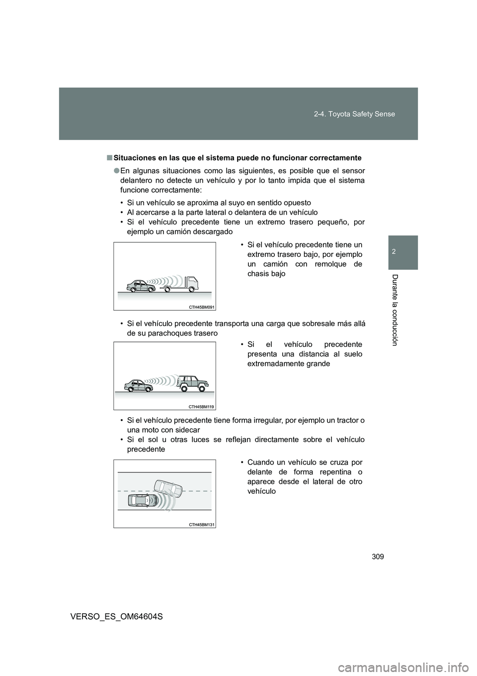 TOYOTA VERSO 2017 Manual del propietario (in Spanish) 309
2-4. Toyota Safety Sense
VERSO_ES_OM64604S
2
Durante la conducción
■ Situaciones en las que el sistema puede no funcionar correctamente
● En algunas situaciones como las siguientes, es posi TOYOTA VERSO 2017 Manual del propietario (in Spanish) 309
2-4. Toyota Safety Sense
VERSO_ES_OM64604S
2
Durante la conducción
■ Situaciones en las que el sistema puede no funcionar correctamente
● En algunas situaciones como las siguientes, es posi