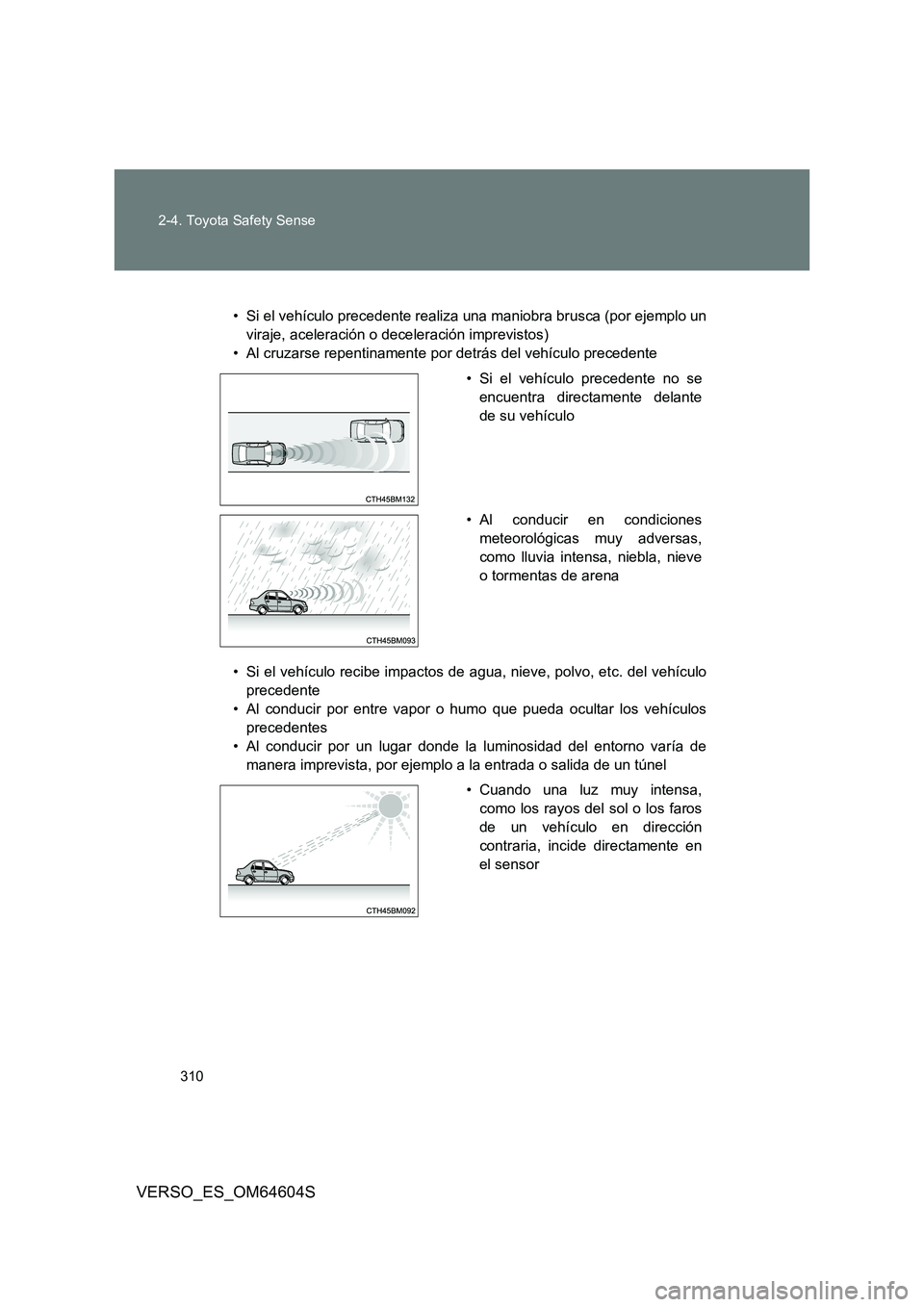 TOYOTA VERSO 2017 Manual del propietario (in Spanish) 310
2-4. Toyota Safety Sense
VERSO_ES_OM64604S
• Si el vehículo precedente realiza una maniobra brusca (por ejemplo un
viraje, aceleración o deceleración imprevistos)
• Al cruzarse repentina TOYOTA VERSO 2017 Manual del propietario (in Spanish) 310
2-4. Toyota Safety Sense
VERSO_ES_OM64604S
• Si el vehículo precedente realiza una maniobra brusca (por ejemplo un
viraje, aceleración o deceleración imprevistos)
• Al cruzarse repentina