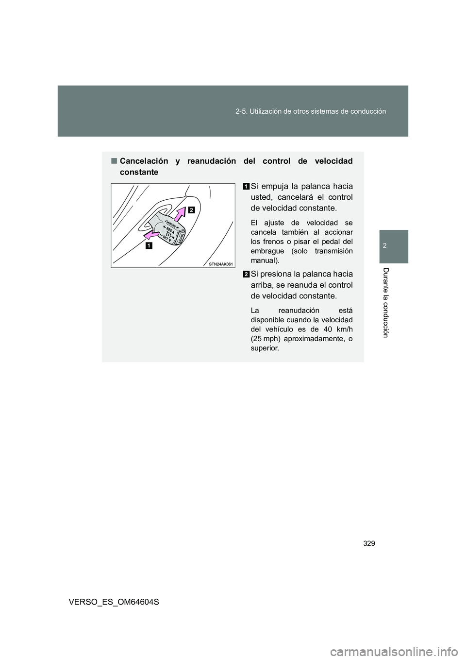 TOYOTA VERSO 2017 Manual del propietario (in Spanish) 329
2-5. Utilización de otros sistemas de conducción
2
Durante la conducción
VERSO_ES_OM64604S
■ Cancelación y reanudación del control de velocidad
constante
Si empuja la palanca hacia
uste TOYOTA VERSO 2017 Manual del propietario (in Spanish) 329
2-5. Utilización de otros sistemas de conducción
2
Durante la conducción
VERSO_ES_OM64604S
■ Cancelación y reanudación del control de velocidad
constante
Si empuja la palanca hacia
uste
