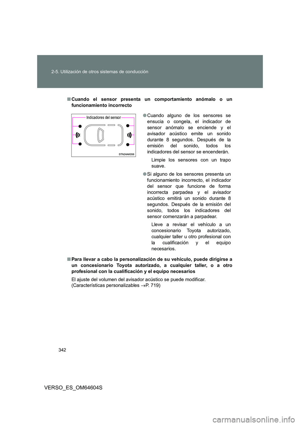 TOYOTA VERSO 2017  Manual del propietario (in Spanish) 342 
2-5. Utilización de otros sistemas de conducción
VERSO_ES_OM64604S
■ Cuando el sensor presenta un comportamiento anómalo o un 
funcionamiento incorrecto 
■ Para llevar a cabo la personaliz