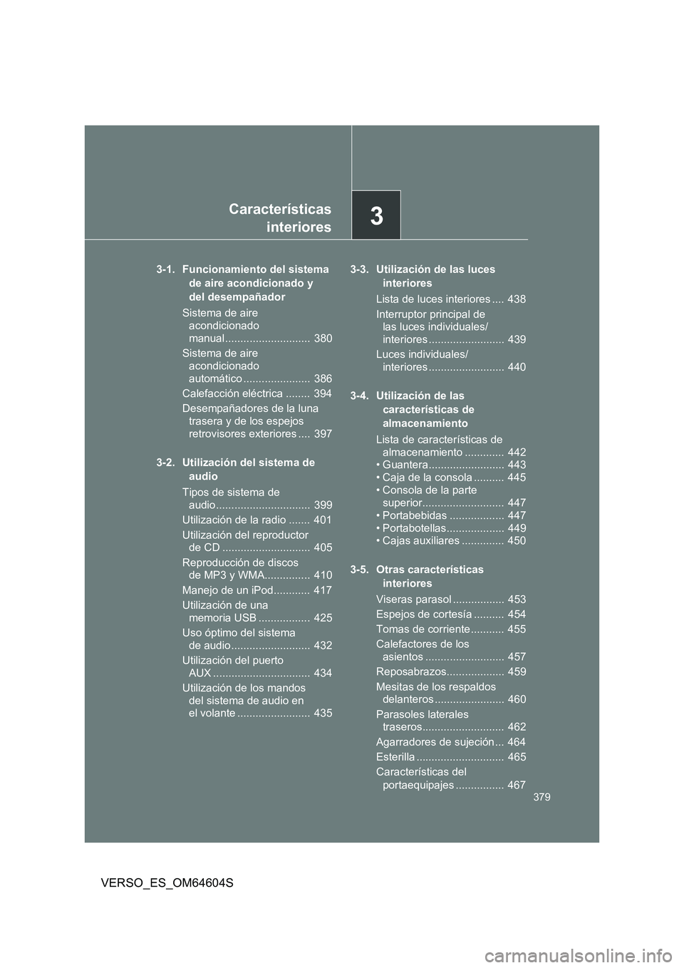 TOYOTA VERSO 2017  Manual del propietario (in Spanish) 3Características 
interiores
379
VERSO_ES_OM64604S
3-1. Funcionamiento del sistema  
de aire acondicionado y 
del desempañador 
Sistema de aire  
acondicionado 
manual ............................  