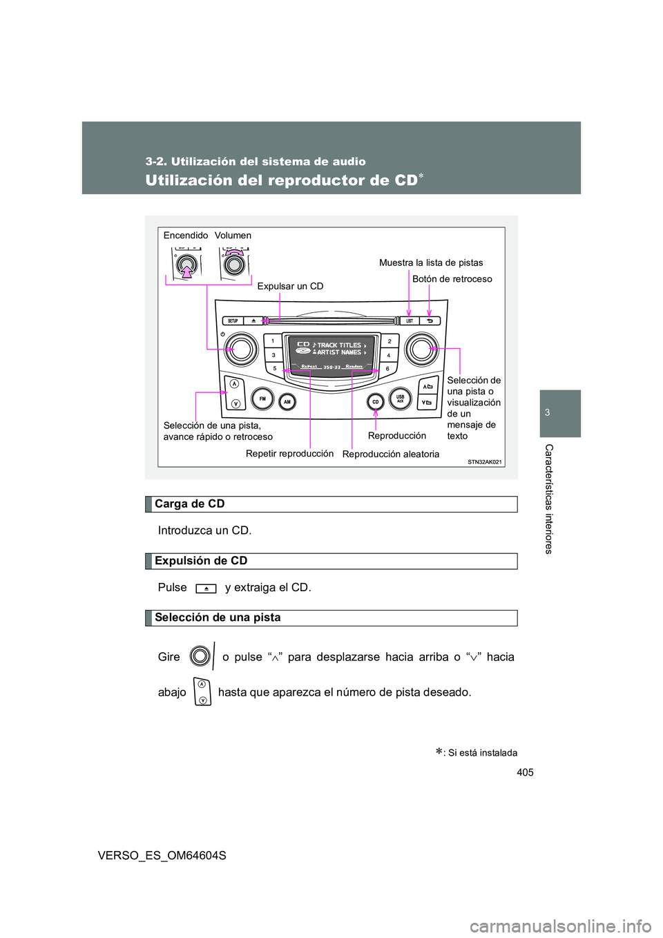TOYOTA VERSO 2017  Manual del propietario (in Spanish) 405
3-2. Utilización del sistema de audio
3
Características interiores
VERSO_ES_OM64604S
Utilización del reproductor de CD
Carga de CD 
Introduzca un CD.
Expulsión de CD 
Pulse   y extraiga el 