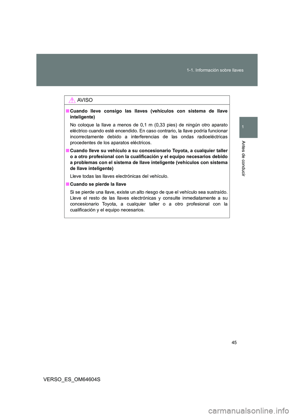 TOYOTA VERSO 2017  Manual del propietario (in Spanish) 45 
1-1. Información sobre llaves
1
Antes de conducir
VERSO_ES_OM64604S
AV I S O
■ Cuando lleve consigo las llaves (vehículos con sistema de llave 
inteligente) 
No coloque la llave a menos de 0,1